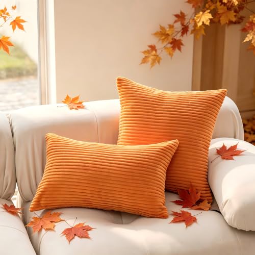 Set of 2 Orange 26x26 Inch Corduroy Throw Pillow Covers - Soft Striped Euro Shams for Sofa Couch Chair Decor