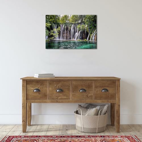 Waterfall Canvas Wall Art - Green Forest Landscape, 16x24 Inches - Living Room Decor
