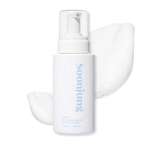 ETUDE SoonJung pH 6.5 Whip Cleanser Big Size, Mild Micro Foaming Face Wash for Sensitive Skin, Panthenol, Madecassoside for Soothing, Barrier Repair, Low pH, Vegan, Non-comedogenic 8.45 Fl Oz