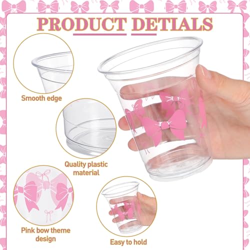 Pink Bow 12 oz Plastic Party Cups - Disposable Bow Theme Drinkware, Pack of 50