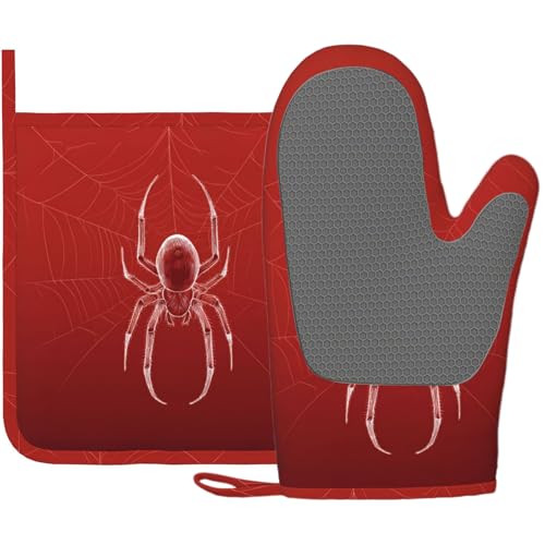 Halloween Spider Web Oven Mitts and Pot Holders Set - Silicone Heat Resistant Kitchen Gloves