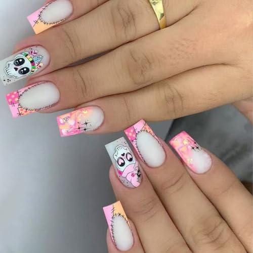 Halloween Press On Nails Medium Square Skull Fake Nails White Pink Ombre 24 Pcs Style-D20