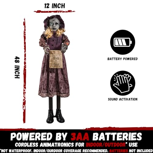 4ft Creepy Animatronic Doll Halloween Decorations - Light Up Eyes Sound Activated Horror Prop