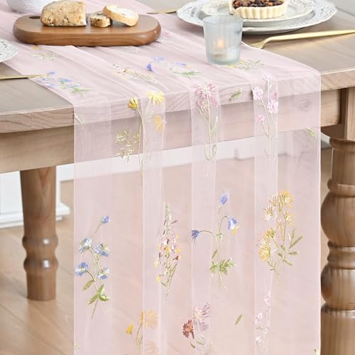 3-Piece Light Pink Floral Gauze Embroidery Table Runner Set - 28 x 120 Inches