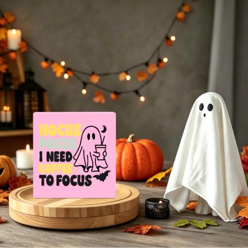 Cute Halloween Decor Wooden Sign - I Need Coffee to Focus Pink Variation