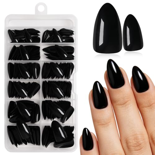 LuckForever Black Short Almond Press On Nails with Glue Tabs - 240 Pieces