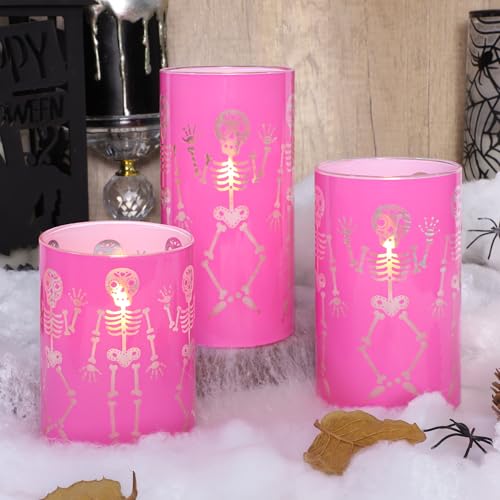 Pink Skeleton Flameless Candles with Haunted Skeleton Decals - Halloween Decor