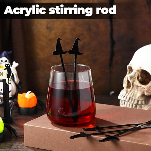 48 Pack Witch Hat Cocktail Stir Sticks - Black Plastic Drink Mixers, Party Supplies