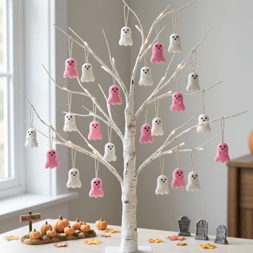 C Style 24 Pcs Halloween Ghost Hanging Ornaments for Tree & Decor - Pink & White