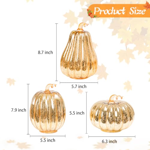 Lighted Mercury Glass Pumpkins Set - Gold Halloween Fall Decor 3pcs