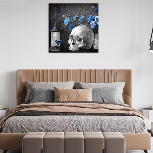 Skull Wall Art Canvas - Skeleton with Blue Rose Rustic Home Decor