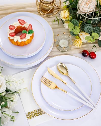150pcs White and Gold Disposable Dinnerware Set - Heavy Duty Plates & Cutlery for Weddings & Parties