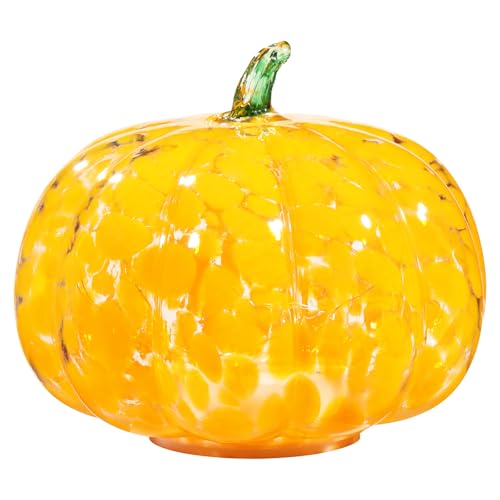 Glass Handcrafted Pumpkin with LED Lights - Fall Halloween Thanksgiving Decor, 5.9 Inch, Green Leaf Orange Variation