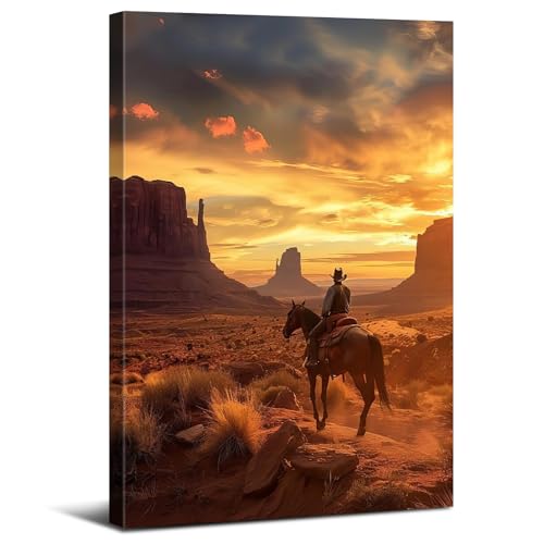 Western Cowboy Wall Art Desert Mountain Sunset Canvas Print - 16x24 Inches - Rustic Home Decor Variation of ZRCB13