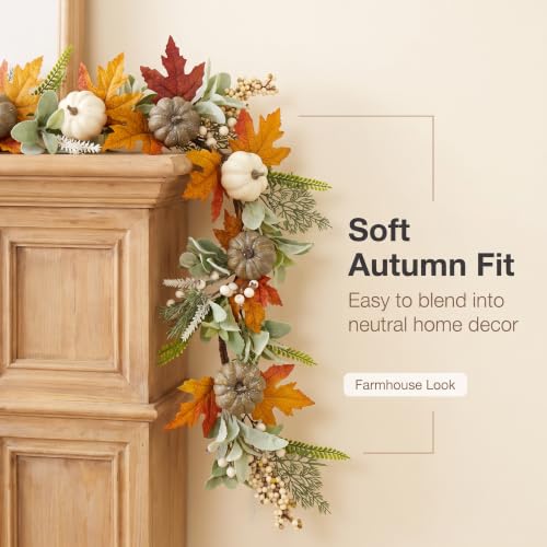 Fall Garland with Pumpkins Berries Leaves for Autumn & Thanksgiving Decor - 6ft