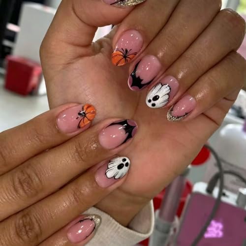 Halloween Press On Nails for Women - Short Oval Fake Nails 24Pcs - Variation 11