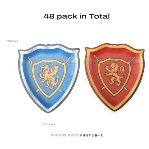 Medieval Knight and Dragon Paper Plates - 48 Pcs Shield-Shaped Tableware for Fantasy & Castle Theme Parties