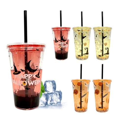 Halloween Party Cups Set 15 oz Double-Wall Plastic Glitter Cups with Lids & Straws
