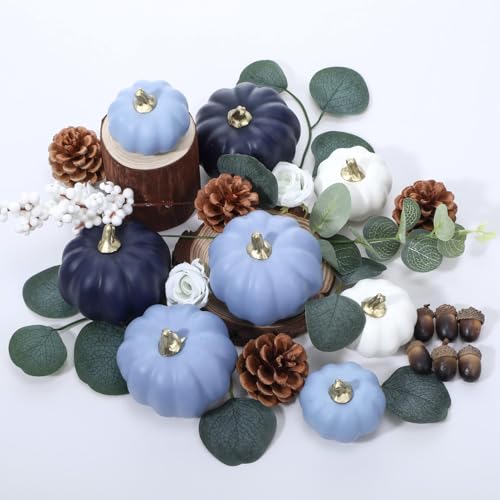 Artificial Fall Pumpkin & Eucalyptus Leaves Decor Set - Blue & White - 56 Pieces