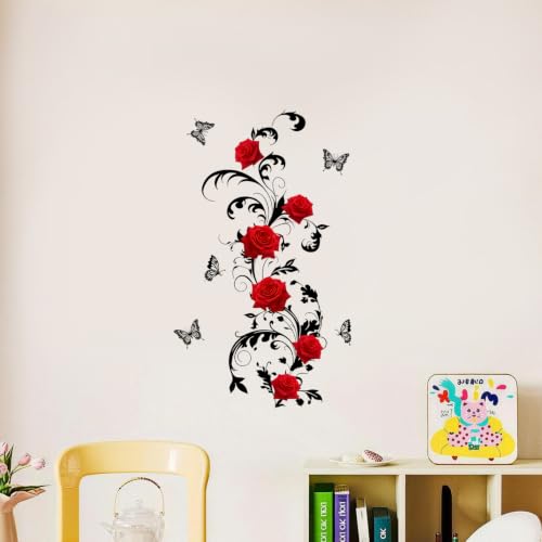 Red Rose Gothic Wall Decals Peel and Stick - Romantic Floral Vinyl Wall Art with Variation #49