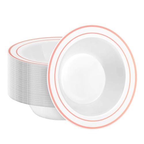 50 Pack Disposable Soup Bowls with Rose Gold Rim - Heavy Duty Plastic, 12oz