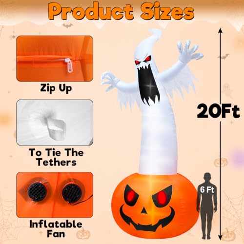 20 Ft Halloween Inflatable Pumpkin Ghost Yard Decorations with LED Lights