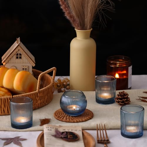 30 Pcs Blue Ribbed Glass Votive Candle Holders Set - Assorted Shapes for Home & Events