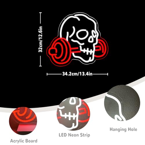 Skull Barbell Neon Sign for Gym Wall Decor Halloween Light - Red & White