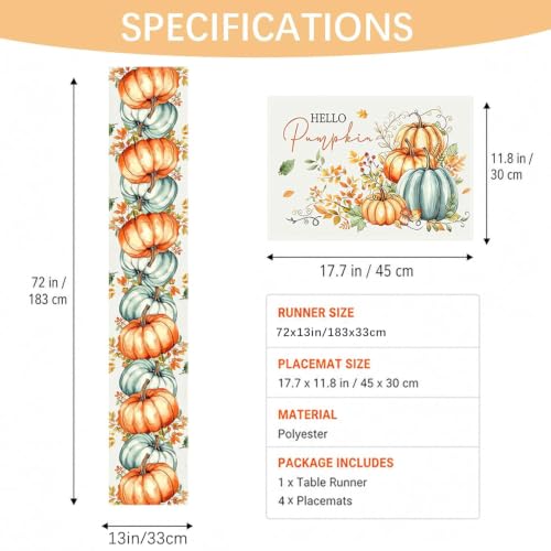 Fall Pumpkin Table Runner 13x72 Inches with 4 Placemats - Autumn Decor