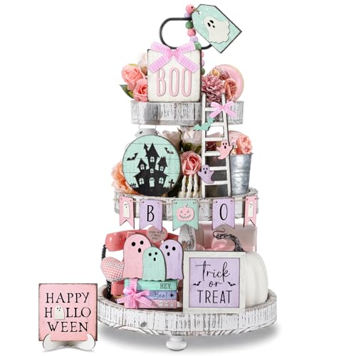 Halloween Tiered Tray Decor Set - Pastel Ghost & Bat Wooden Signs, 19 Pieces