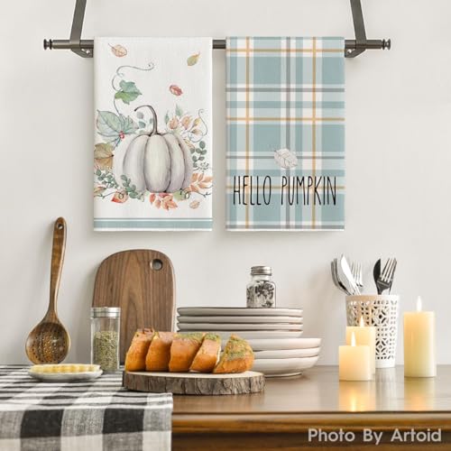 Blue Stripes Pumpkin Fall Kitchen Towels Set of 6 - 18x26 Inches