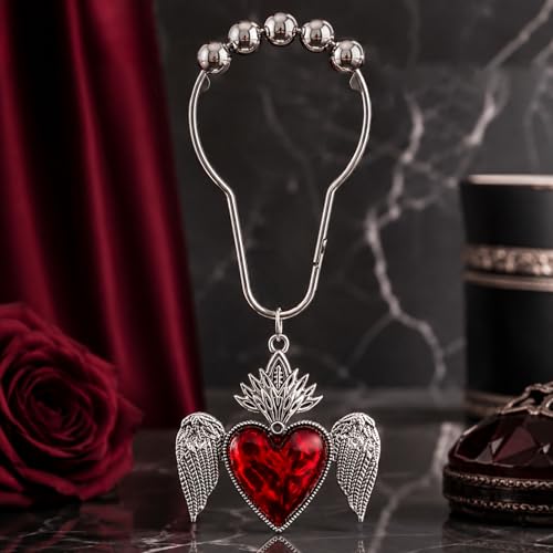 Halloween Shower Curtain Hooks - Gothic Red Heart with Wing, 12 Pack