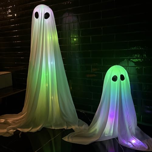 Outdoor Halloween Ghost Decorations Set - 36" & 18" Spooky Light-Up Ghosts with RGB Lighting & Timer