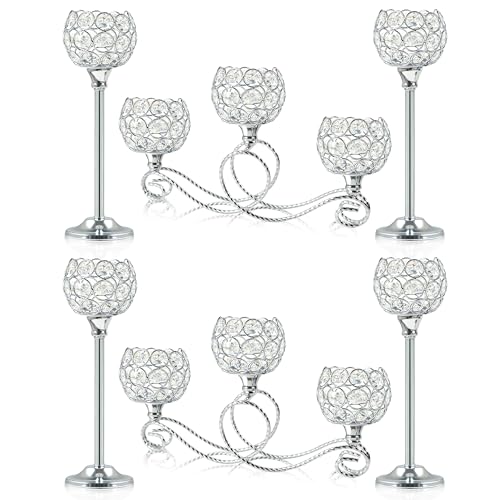 Silver Set of 6 Metal Crystal Tea Light Candle Holders - Wedding & Holiday Centerpiece