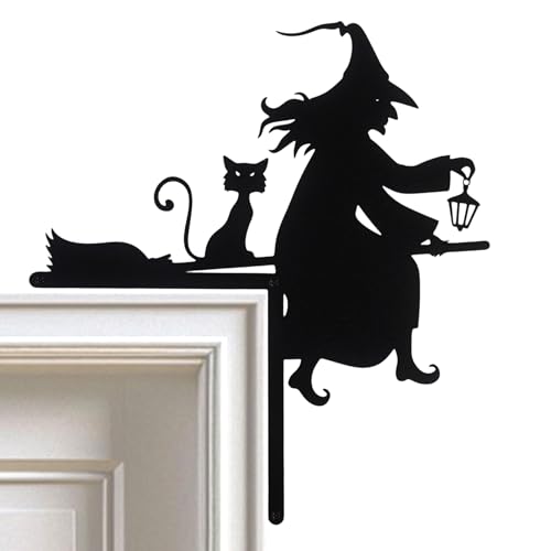 Black Halloween Door Corner Sign Witch on Broom and Cat Metal Decor - Home & Party