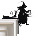 Black Halloween Door Corner Sign Witch on Broom and Cat Metal Decor - Home & Party