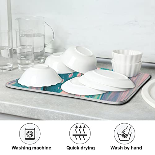 Super Absorbent Microfiber Dish Drying Mat 24x18 Inches - Marble Pink Green - Flexible & Quick-Drying Kitchen Pad with Hang Loop