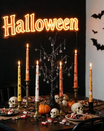 Halloween Ghost Taper Candles Set - Orange Gradient Spooky 10 Inch Decor - 4pcs