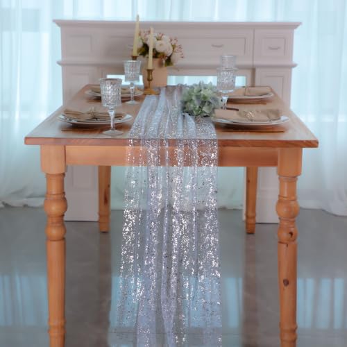Ice Blue Silver Gauze Table Runner 10ft 10PCS Glitter Sheer Tulle for Weddings