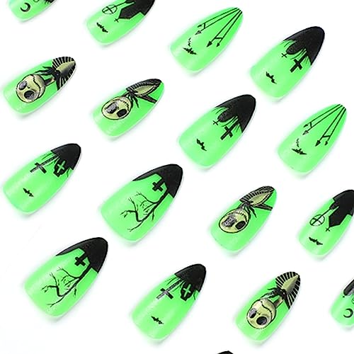 Halloween Press On Nails Medium Almond Glow in The Dark Full Cover Nightmare Christmas Fake Nails - Variation 10