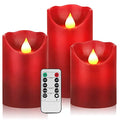 Red Flickering LED Candles Set of 3 - Real Wax Flameless Pillars with Remote & Timer