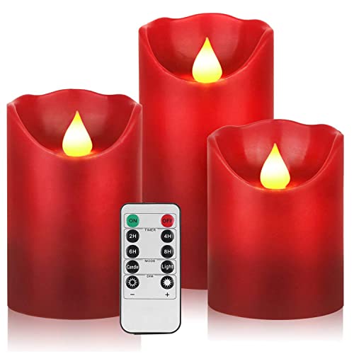 Red Flickering LED Candles Set of 3 - Real Wax Flameless Pillars with Remote & Timer