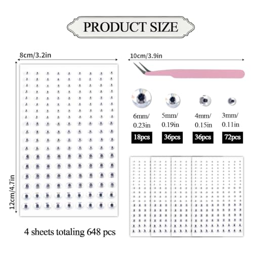 Self Adhesive Face Gems Tattoo Stickers 648pcs Clear Rhinestones for Makeup & DIY