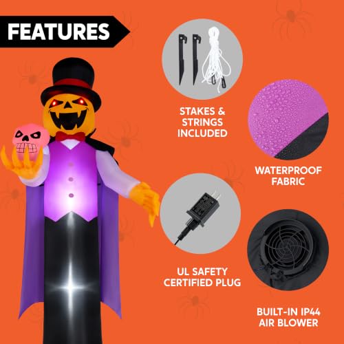 Giant Halloween Inflatable Pumpkin Ghost with Skull & Glowing LED Eyes - 12FT Yard Decoration - Multicolor