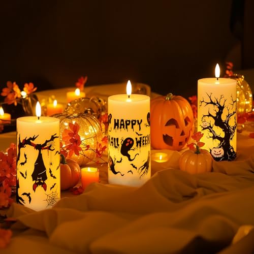 Yellow-Timer Flameless Halloween Ghost Bat Candles with 6H Timer Indoor Decor