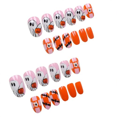 Halloween Press On Nails Short Almond Fake Nails 24 Pcs with Ghost Pumpkin Bat Flower Design - Nails-240