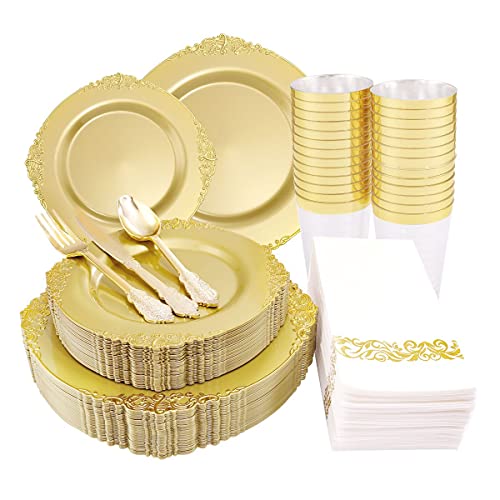 Gold Plastic Dinnerware Plates Set - 175PCS Solid Gold Rim Party Plates - Variation: Gold / 175PCS