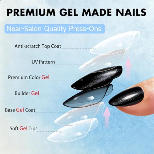 Cat Eye Press On Nails Almond Black - Handmade Medium Chrome Fake Nails for Women