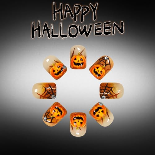 Halloween Press-On Nails Short Square with 3D Pumpkin Spider Web Glitter Rhinestone Designs, Orange & Black, 24Pcs