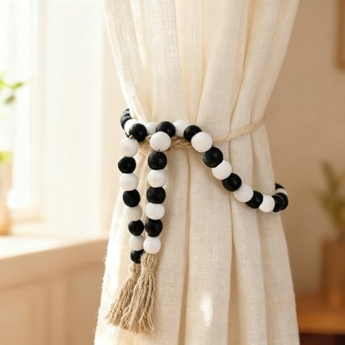 Halloween Wooden Bead Garland - Black & White Rustic Xmas Decor, 39 Inch